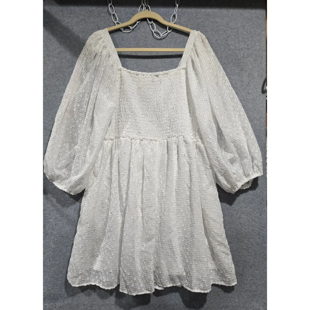 Arula Womens White Smocked Mini Dress Plus Size B 2XL Glitter Star Puff Sleeve - Picture 5 of 8